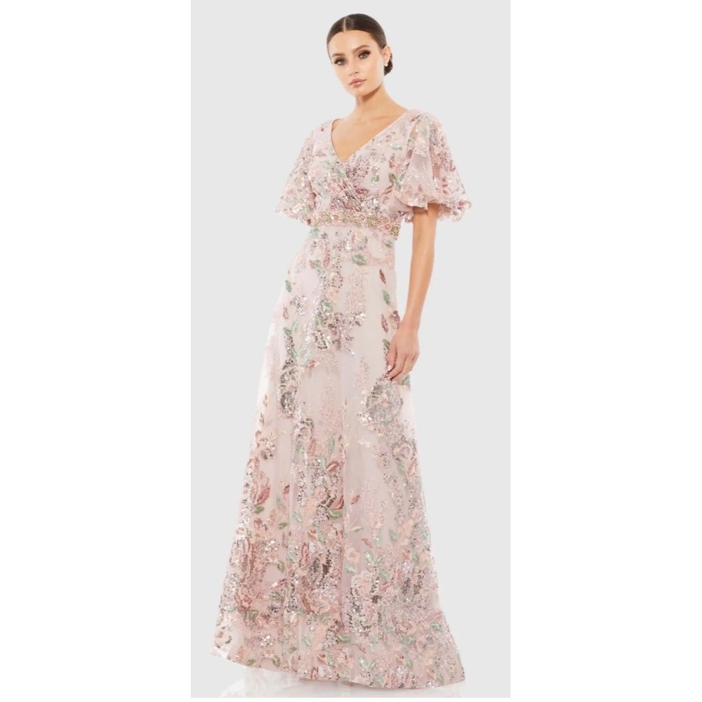Mac Duggal 67880 Rose Pink Floral Sequin Flutter Sleeve‎ Gown Dress Size 8 NEW